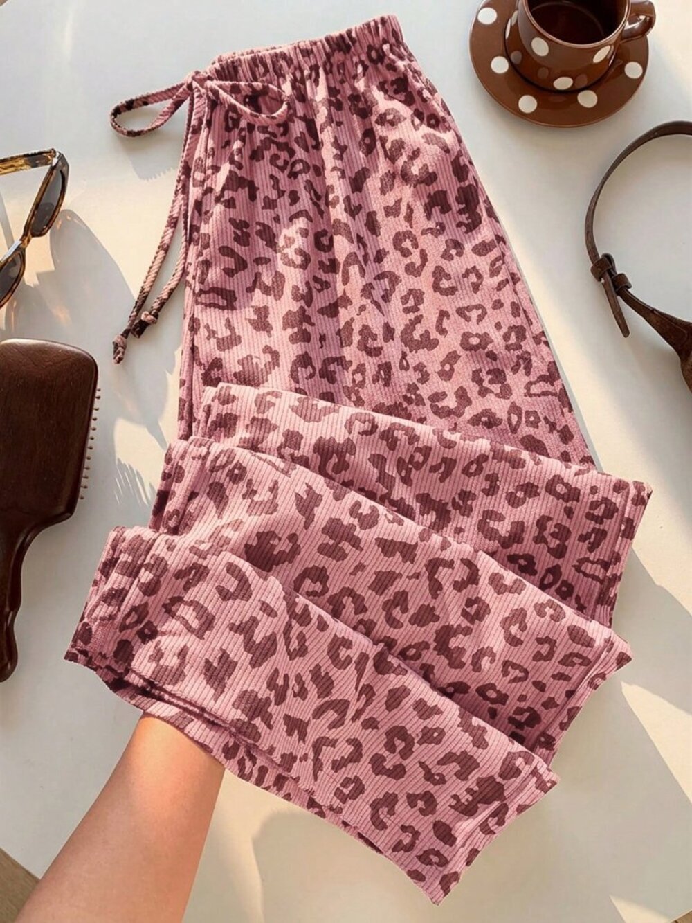 Pink Casual Women's Leopard Print Drawstring Waist Loose Pants